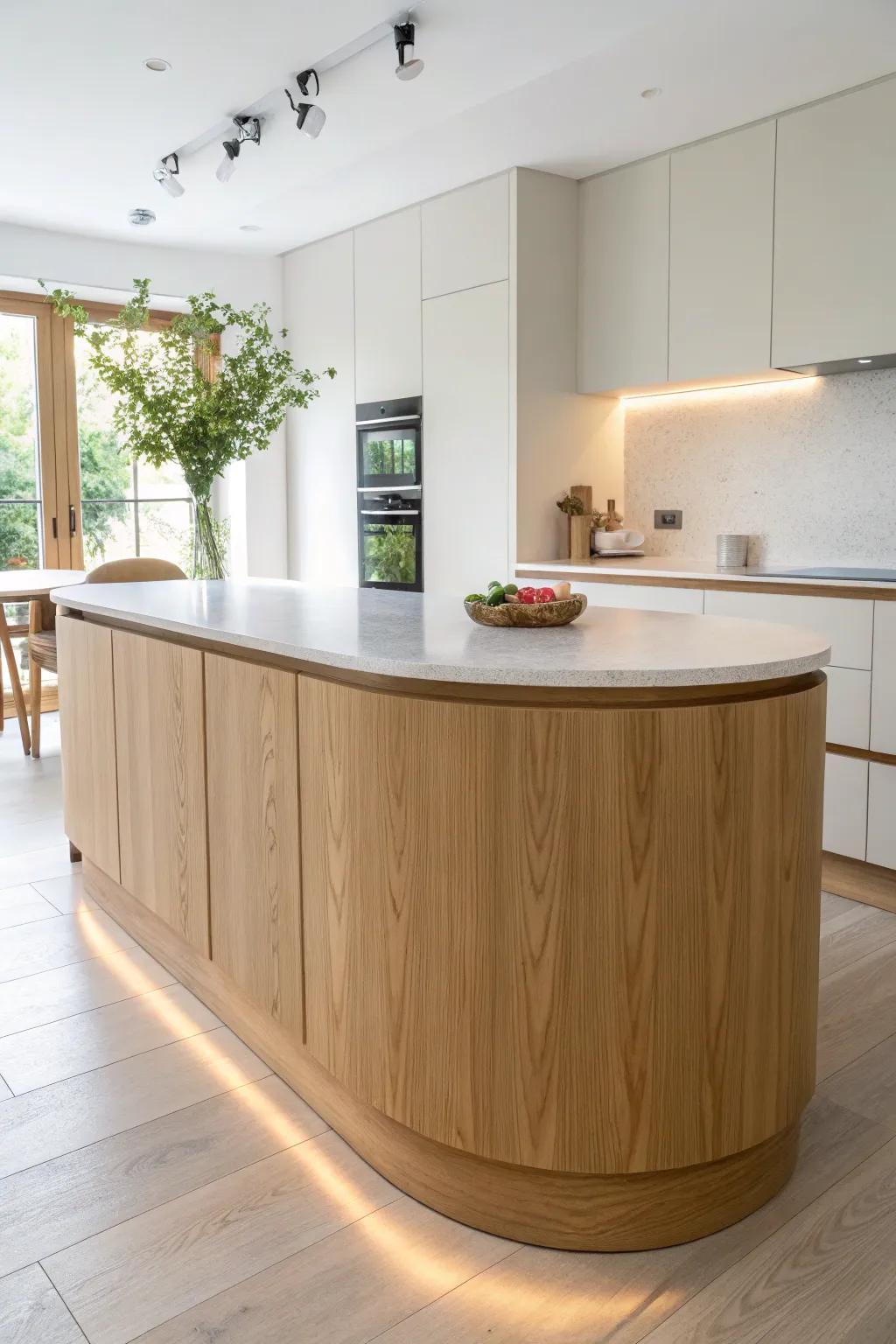 Floating curved island with a recessed toe kick and soft underglow for a weightless look.