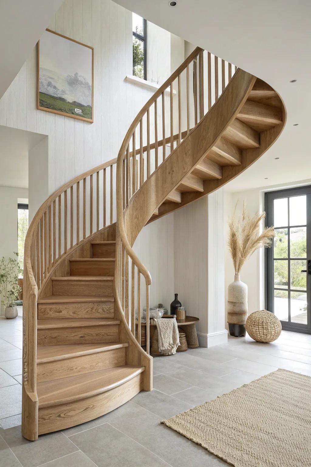 Open risers + thicker treads: a curved staircase that feels light, warm, and airy.
