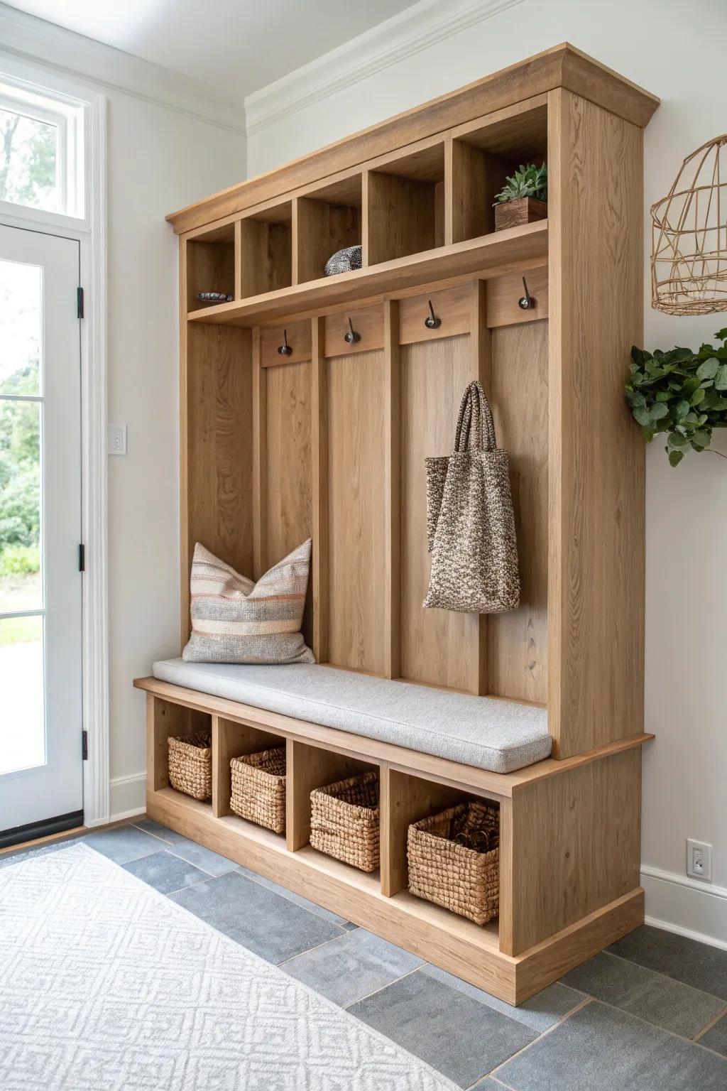 Deep mudroom cubbies with a clean shelf ledge—crafted storage that stays beautiful and practical.
