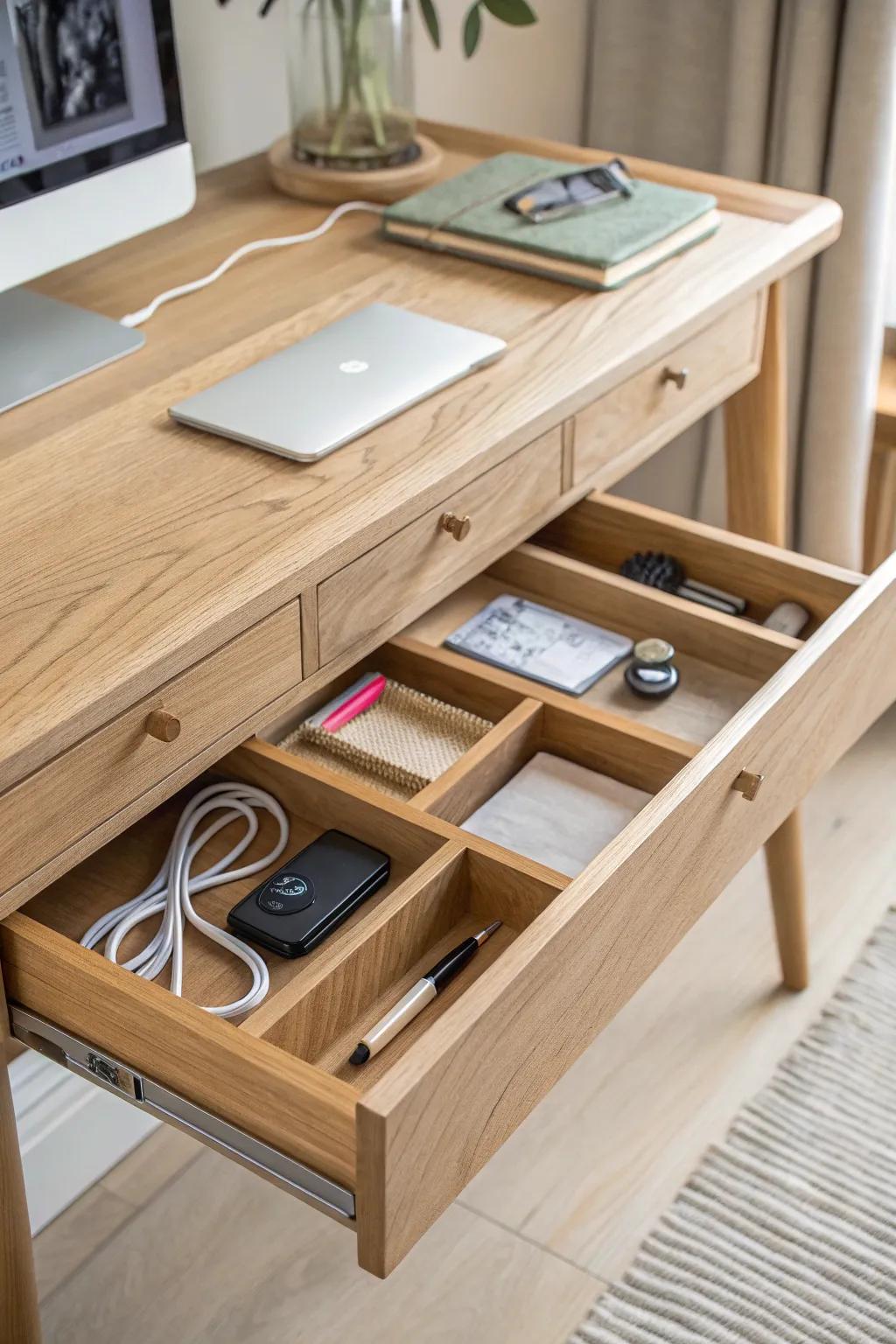Hidden under-desk sliding drawer keeps backups and chargers close—while the desktop stays serene.
