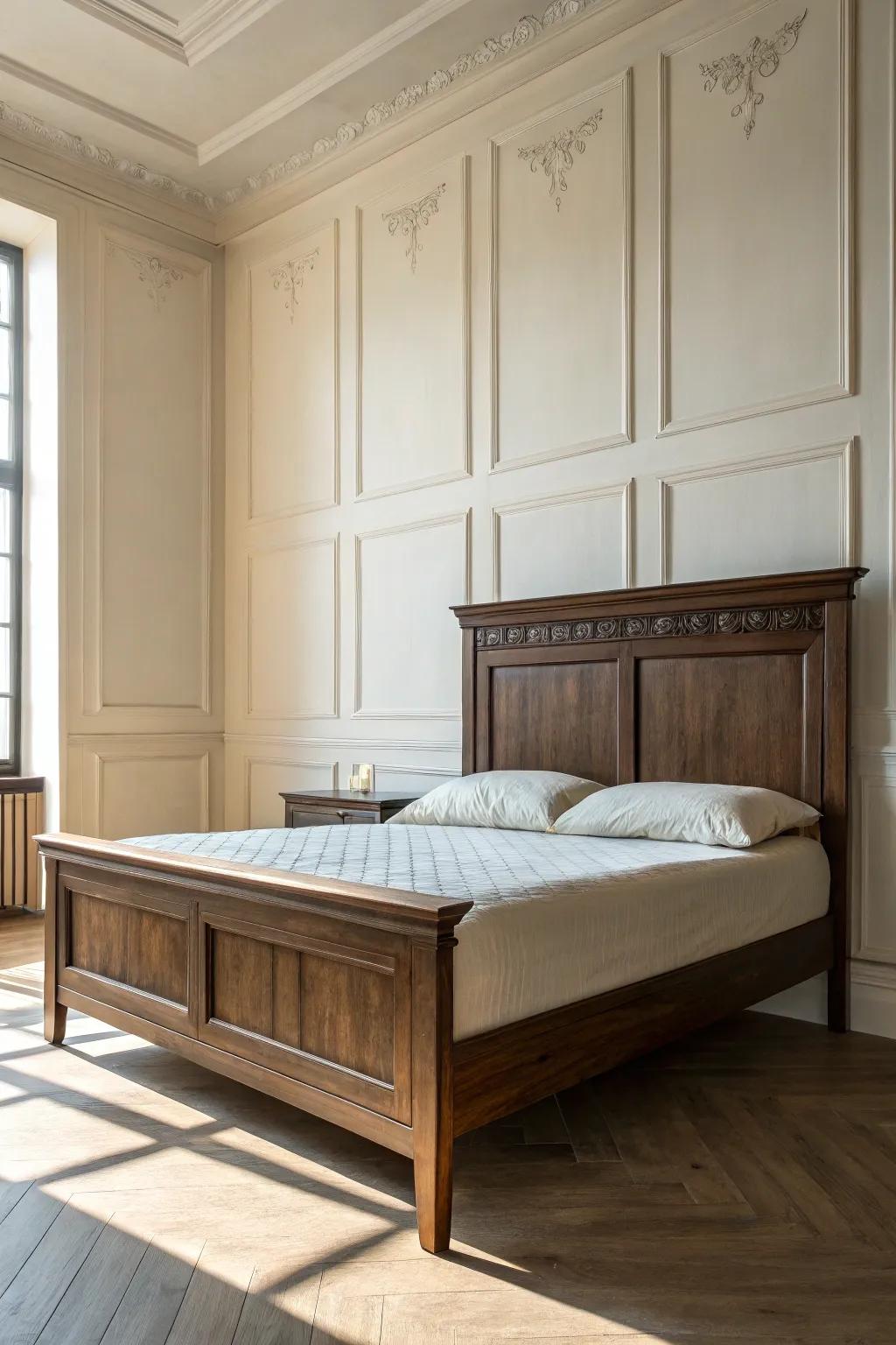 Classic dark brown wood bed frame against simple wall molding—quiet structure, warm and timeless.