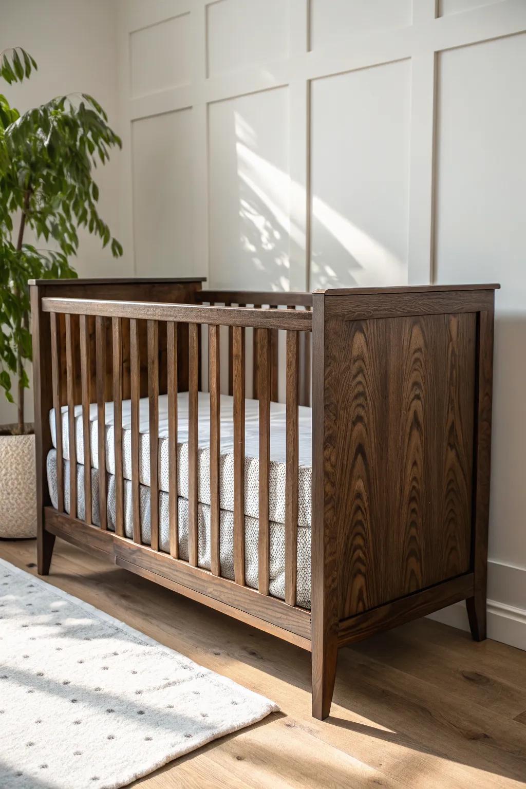 Dark brown crib, crisp white bedding—minimal, bright, and timeless without visual clutter.