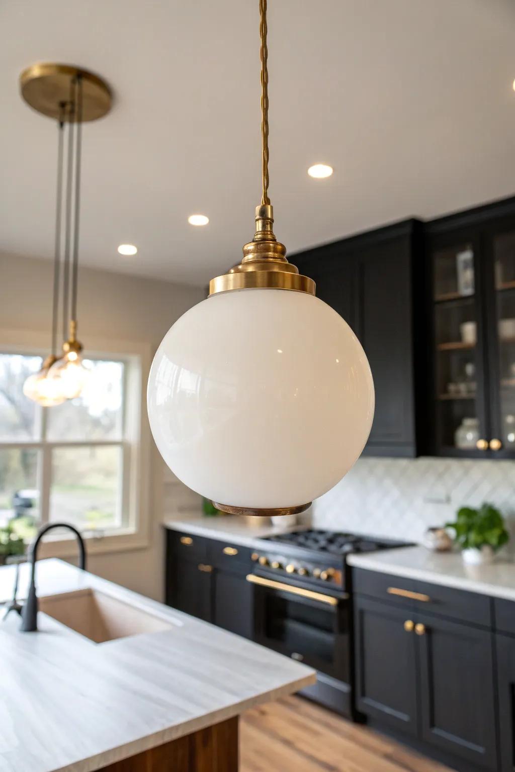 Oversized pendant lighting adds height and sparkle—perfect contrast for moody dark cabinets.