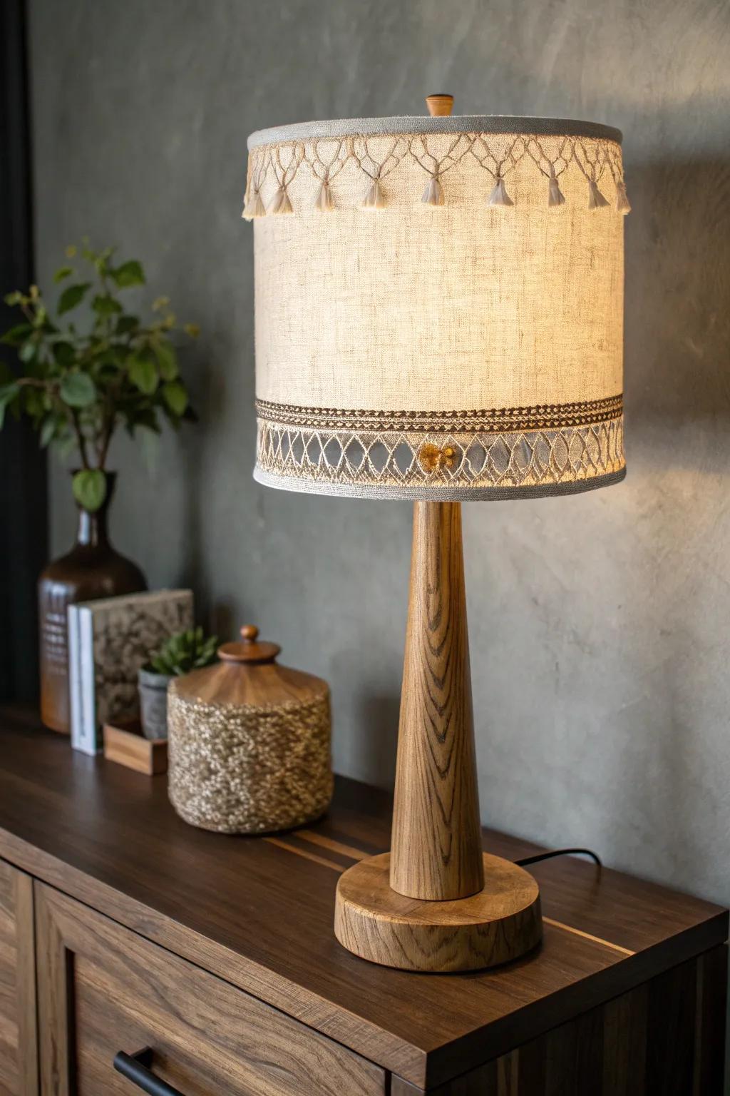 Warm dimmable glow from a handcrafted oak lamp—cozy low lighting for a dark man cave.