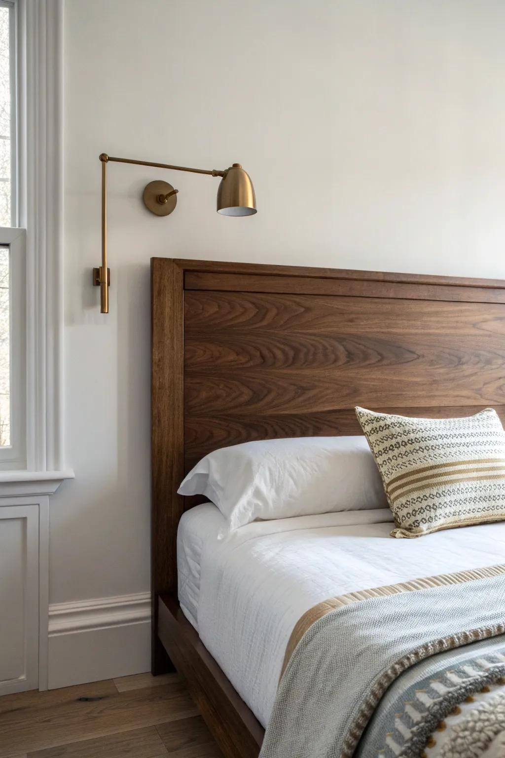 Dark walnut headboard + brushed brass sconce—simple contrast that makes the bed feel custom.