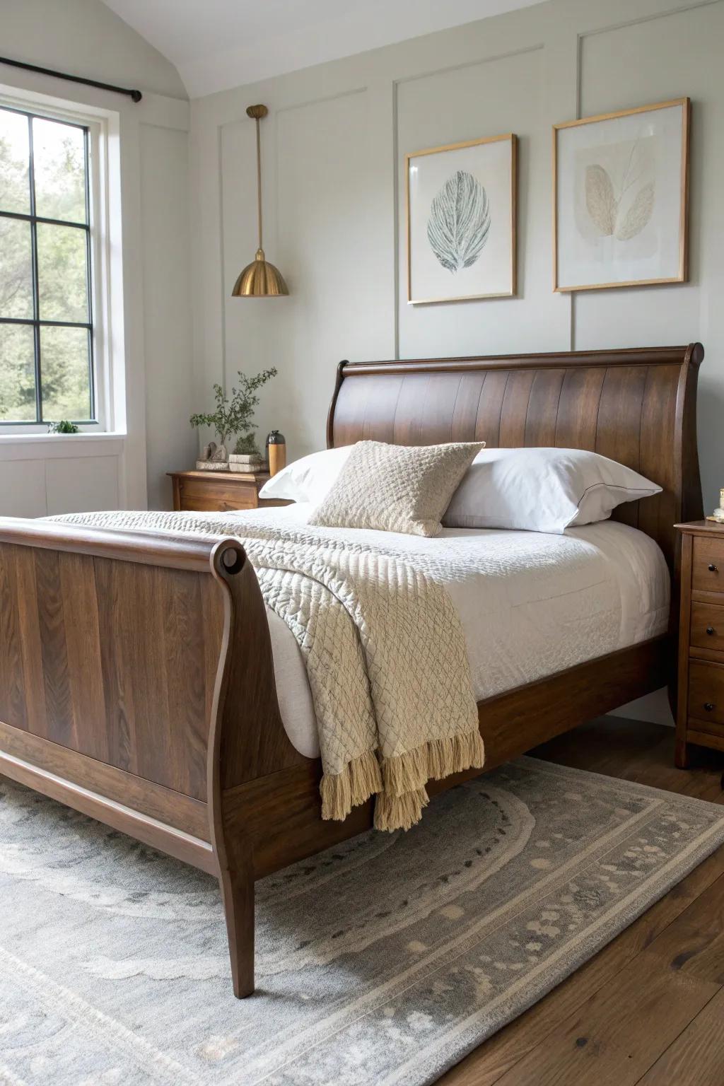 Aged brass details instantly modernize a dark wood sleigh bed with warm, minimalist contrast.