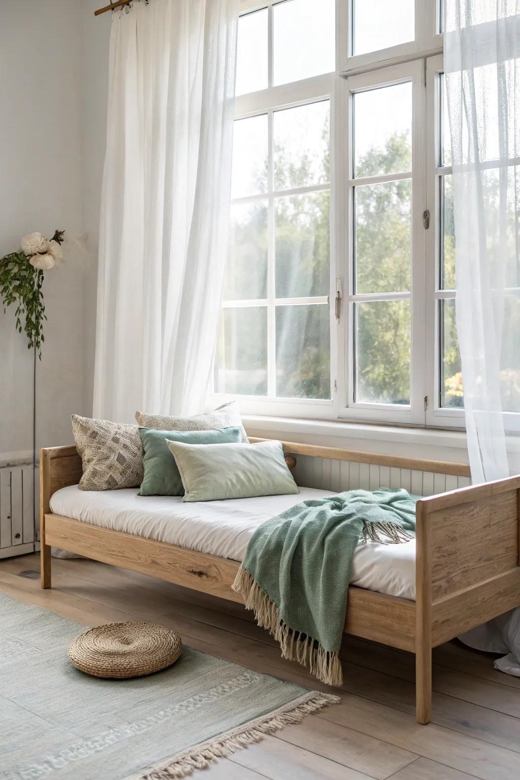 Turn your daybed into a dreamy window nook with sheer curtains and airy layered linens.