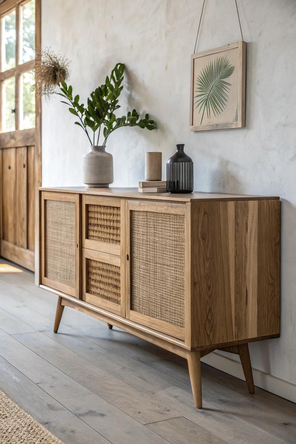 Refined rustic: a sleek reclaimed-wood sideboard brings clean lines and mountain texture.