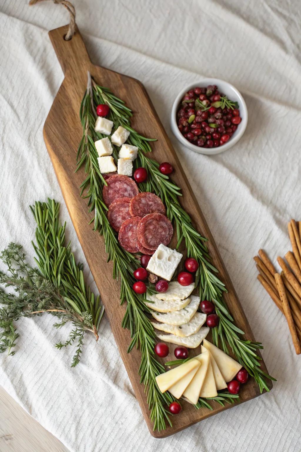 Holiday tree charcuterie board: herbs, berries, creamy cheese, and breadstick trunk on walnut.
