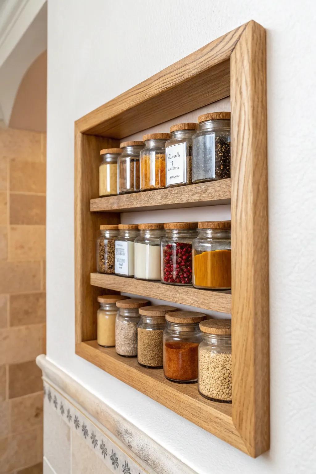 Built‑in recessed spice niche with oak trim—minimal, tidy, and made to show off your jars.