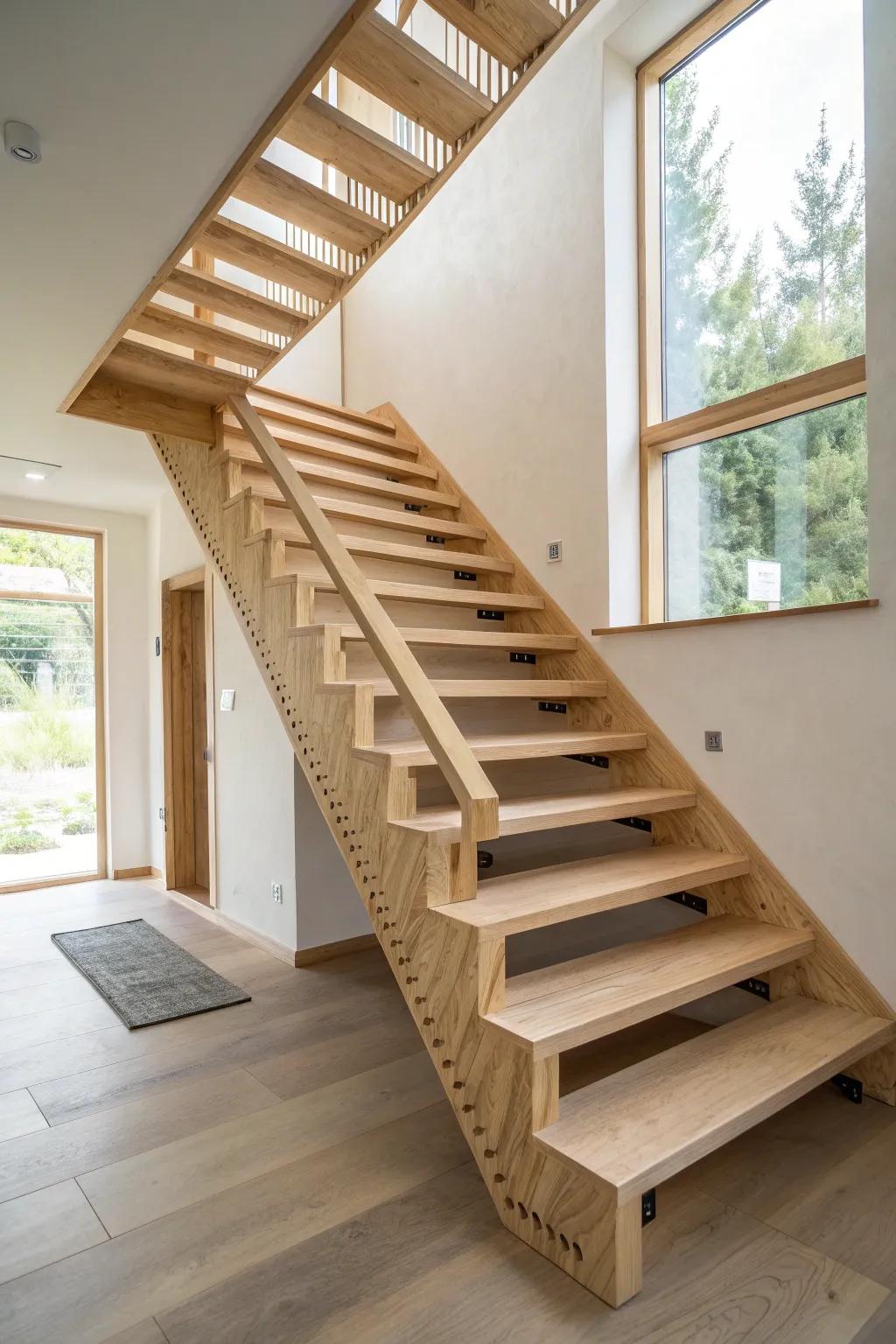 Exposed sawtooth stringer—clean Scandinavian lines with bold plywood layers on display.