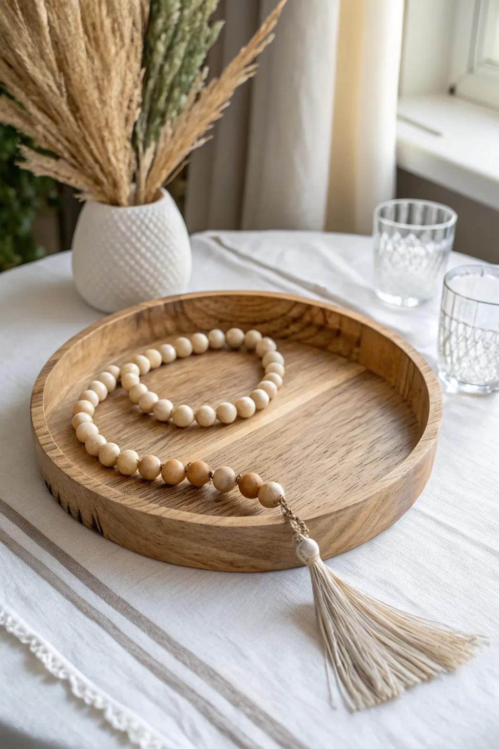 A light oak tray made cozy with a draped wood bead garland—soft, layered, and calm.