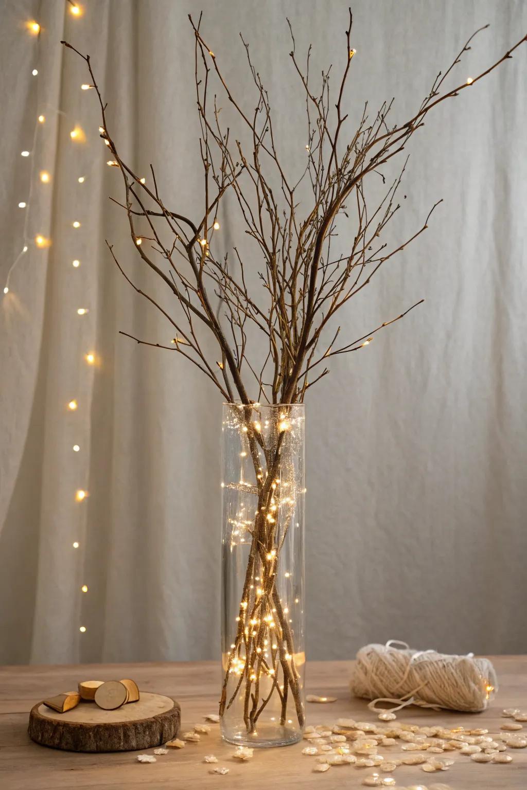 Bare branches + warm twinkle lights in a tall vase for cozy, magical winter glow.
