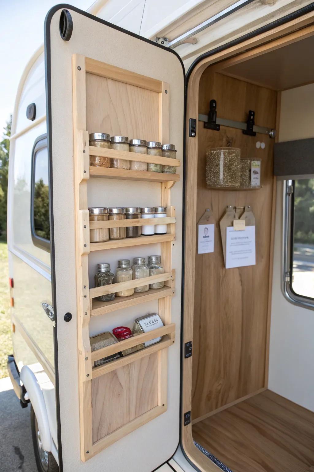 Turn your RV pantry door into storage gold with slim wood racks for spices and packets.
