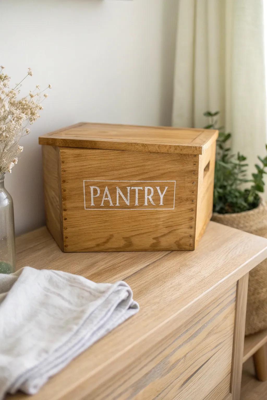 A simple stained wood box with a crisp stenciled label—easy farmhouse storage with style.