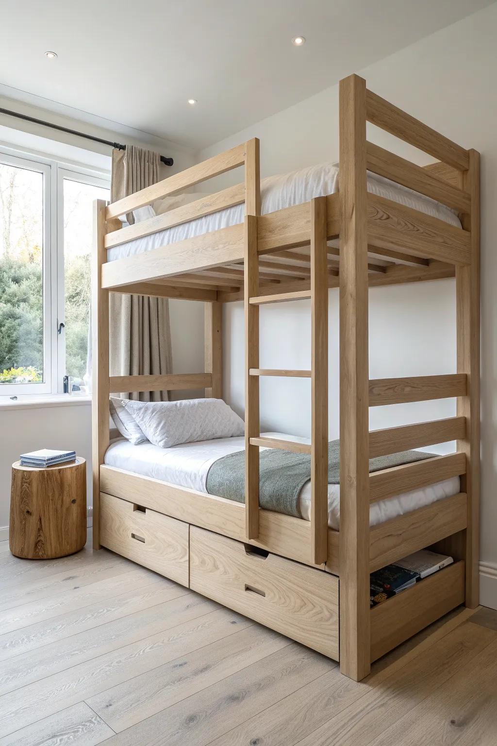 Queen-size lower bunk + hidden drawers—Scandi bunks that feel like a custom guest suite.