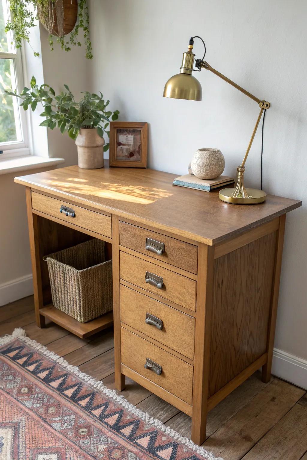 Upcycled thrifted cabinets + a stained wood top—one finish color makes it look custom.
