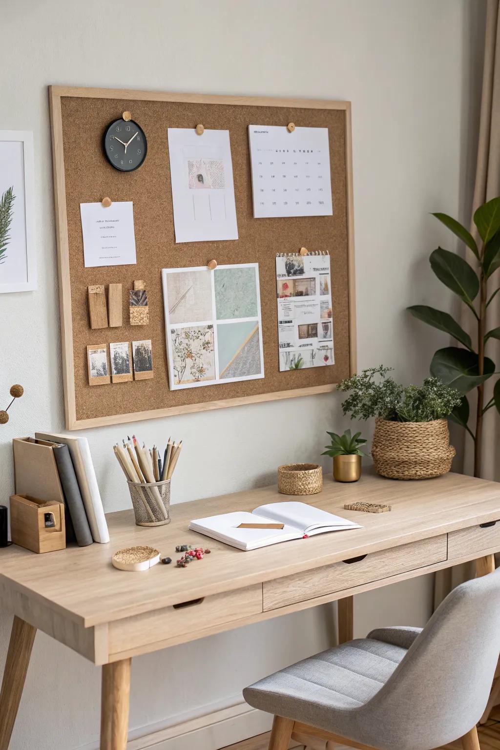 A cork-and-wood mood board keeps stains, fabrics, and paint chips beautifully in sync.