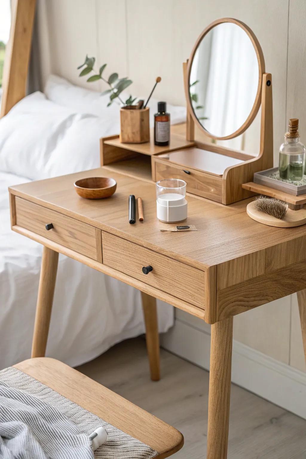 A light oak vanity-desk hybrid that shifts from morning routine to focused work in seconds.