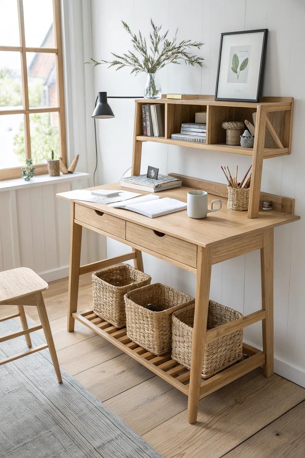 Light oak desk with open shelves—keep essentials close and clutter tucked into baskets.
