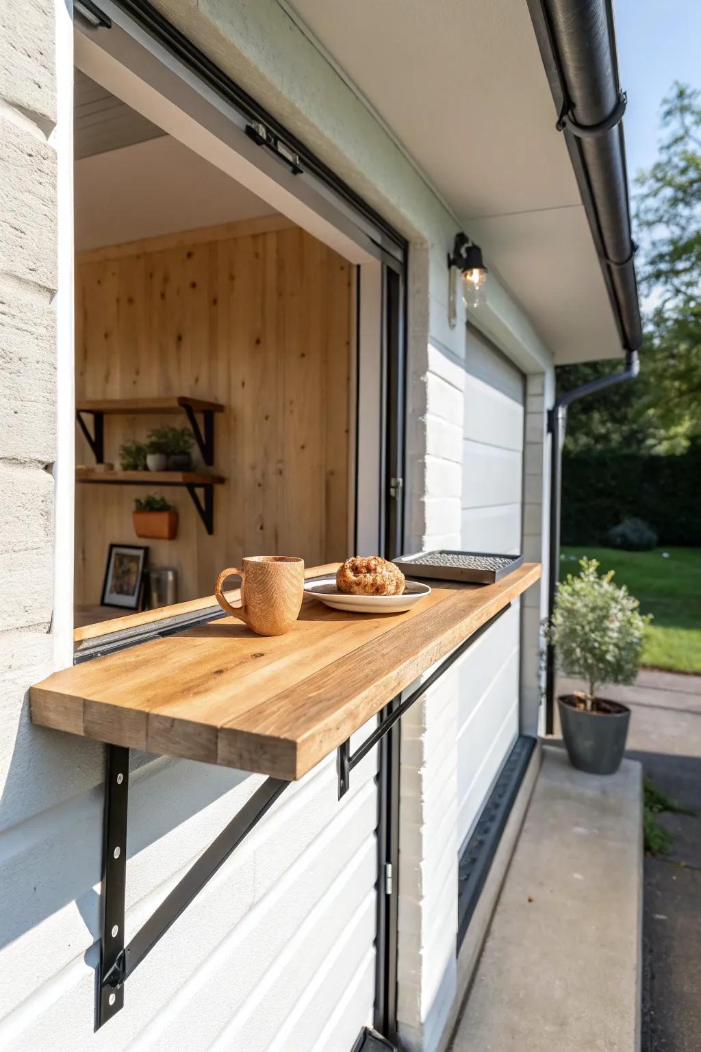 A fold-down wood ledge turns an open garage door into the perfect indoor-outdoor hangout.