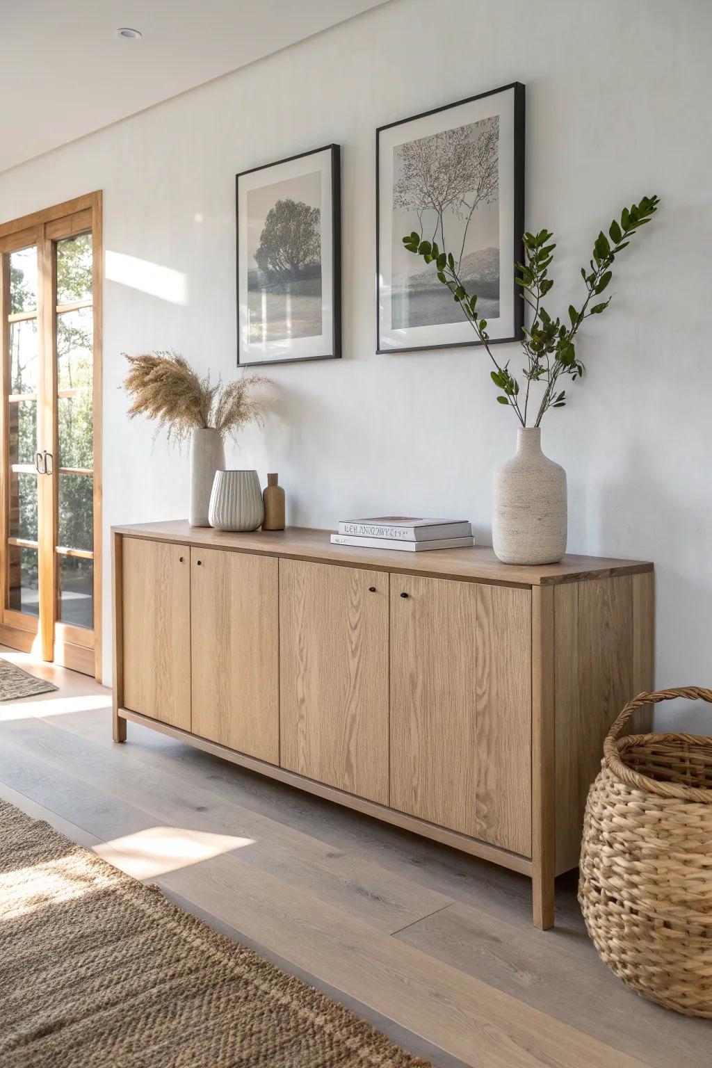 Built-in oak sideboard wall with floating shelves—minimal, warm, and beautifully functional.