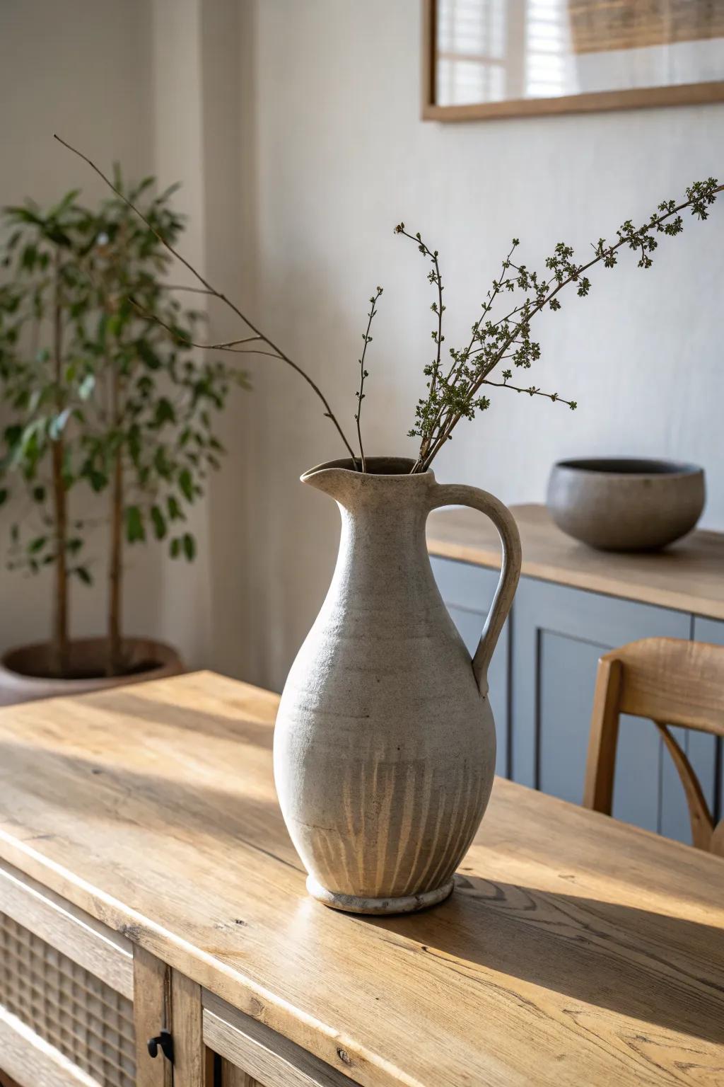 Chunky stoneware pitcher-as-vase adds effortless, relaxed charm to a clean Scandinavian wood server.