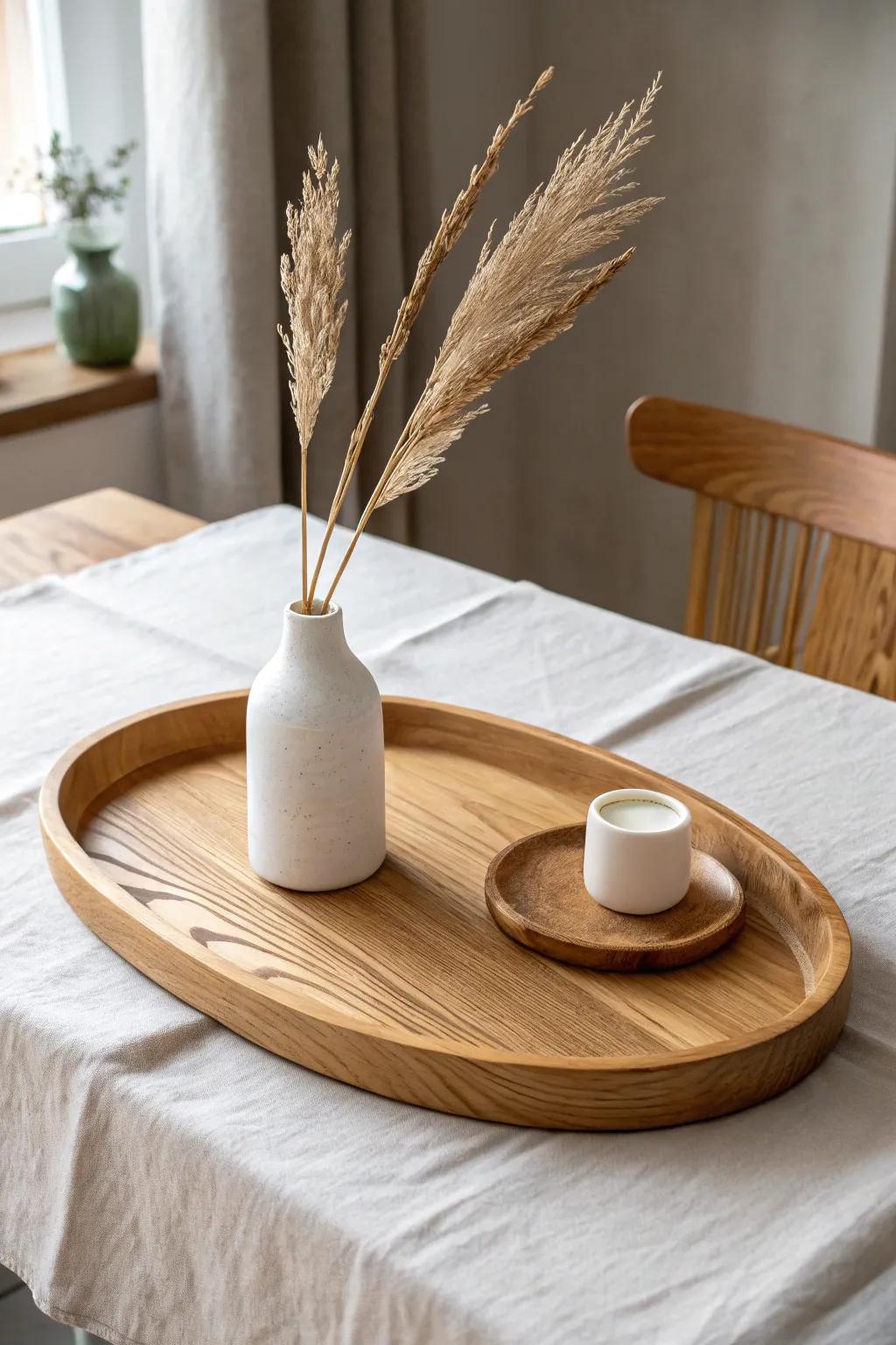 Add instant dimension: a tiny scrap-wood riser lifts your vase for a layered tray centerpiece.