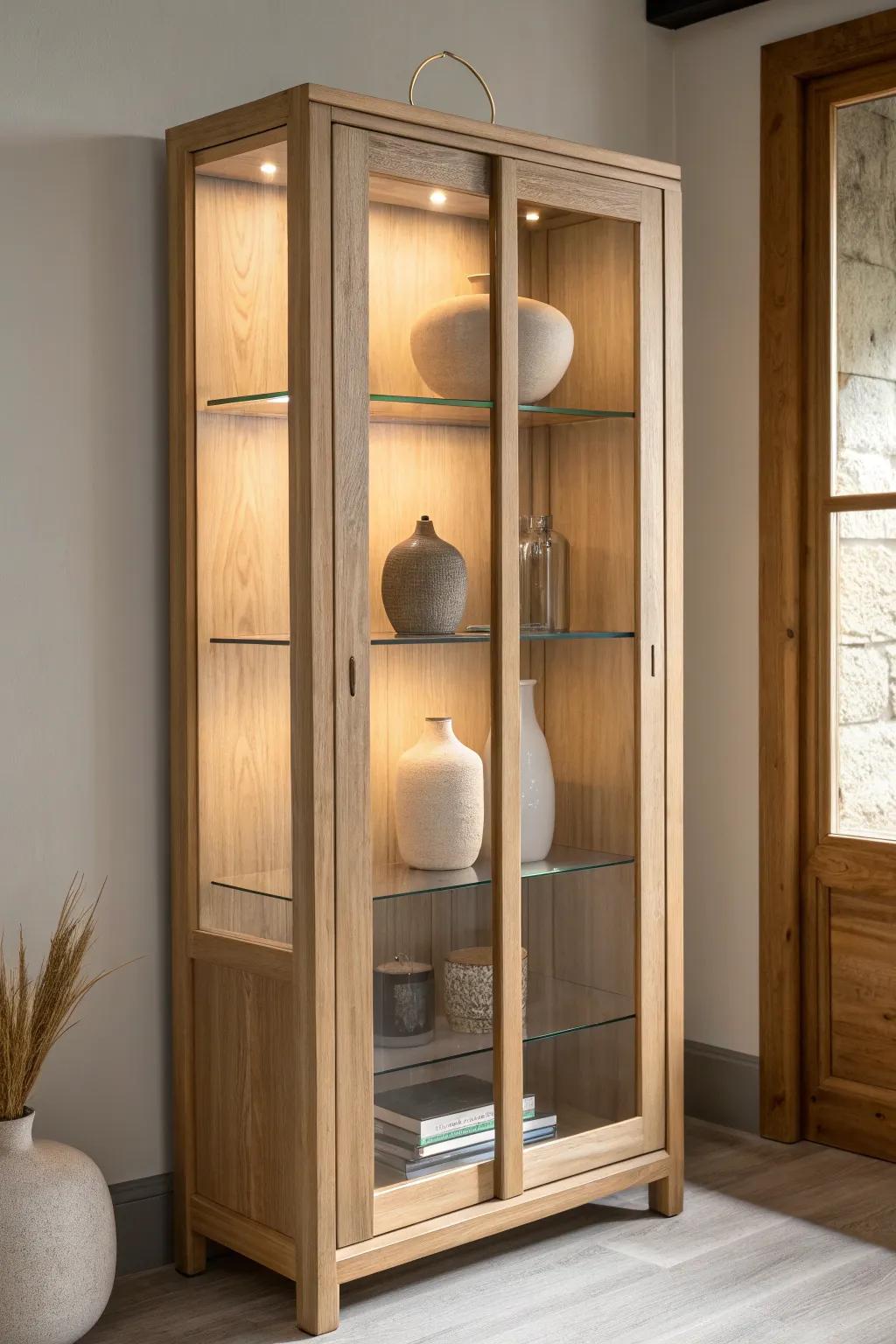 Angled corner LED strips bounce light across shelves for shadow-free depth and glow.