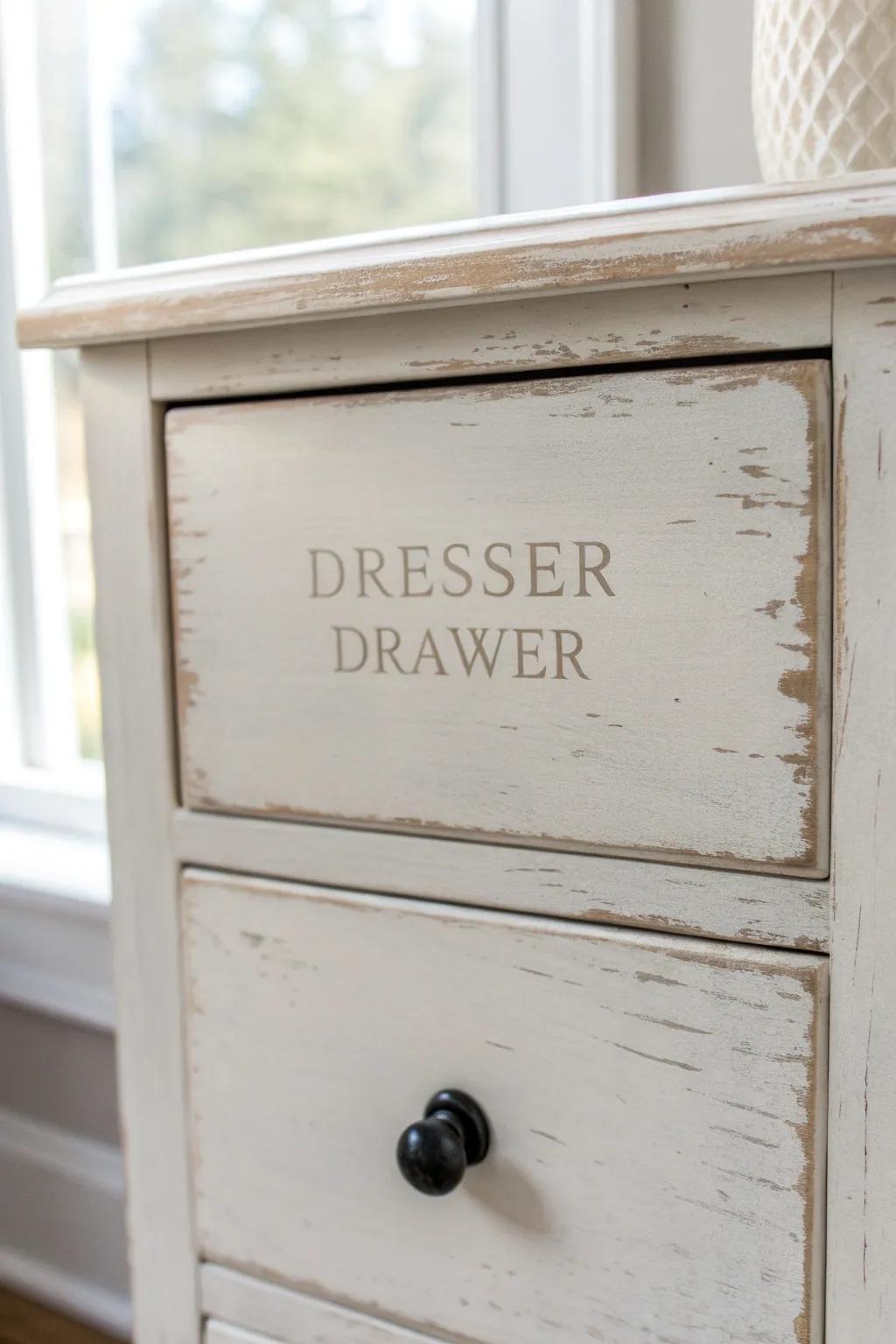 Faded stencil lettering and softly sanded edges for a found, timeworn dresser look.