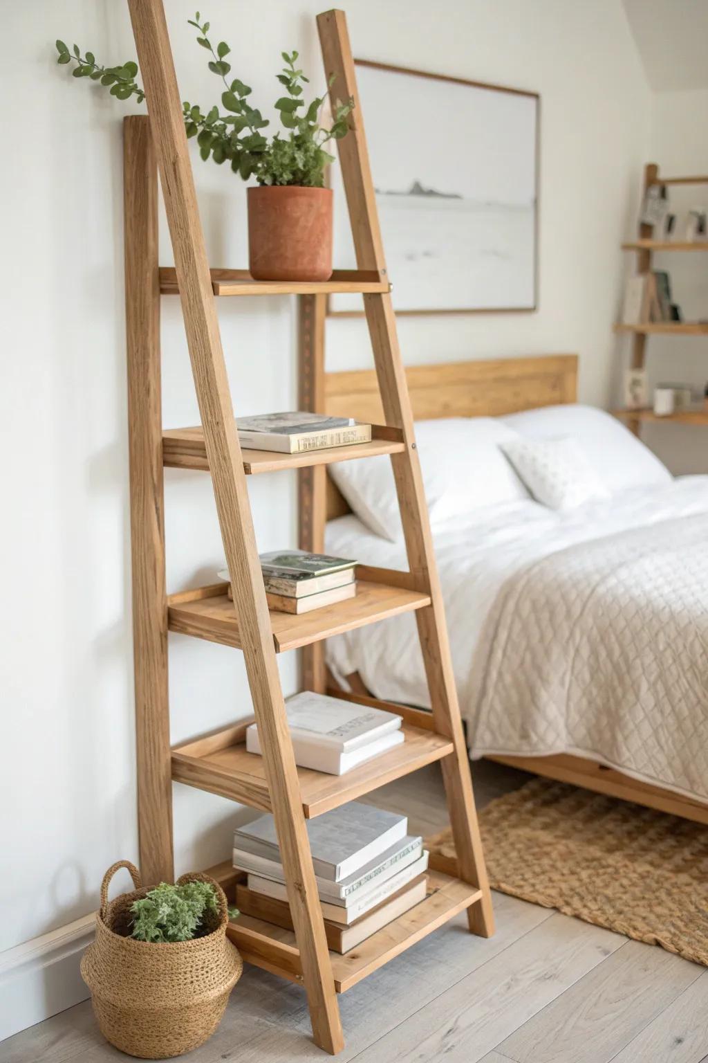 Leaning ladder bookshelf tower: slim bedside storage with warm oak, books, and a plant.
