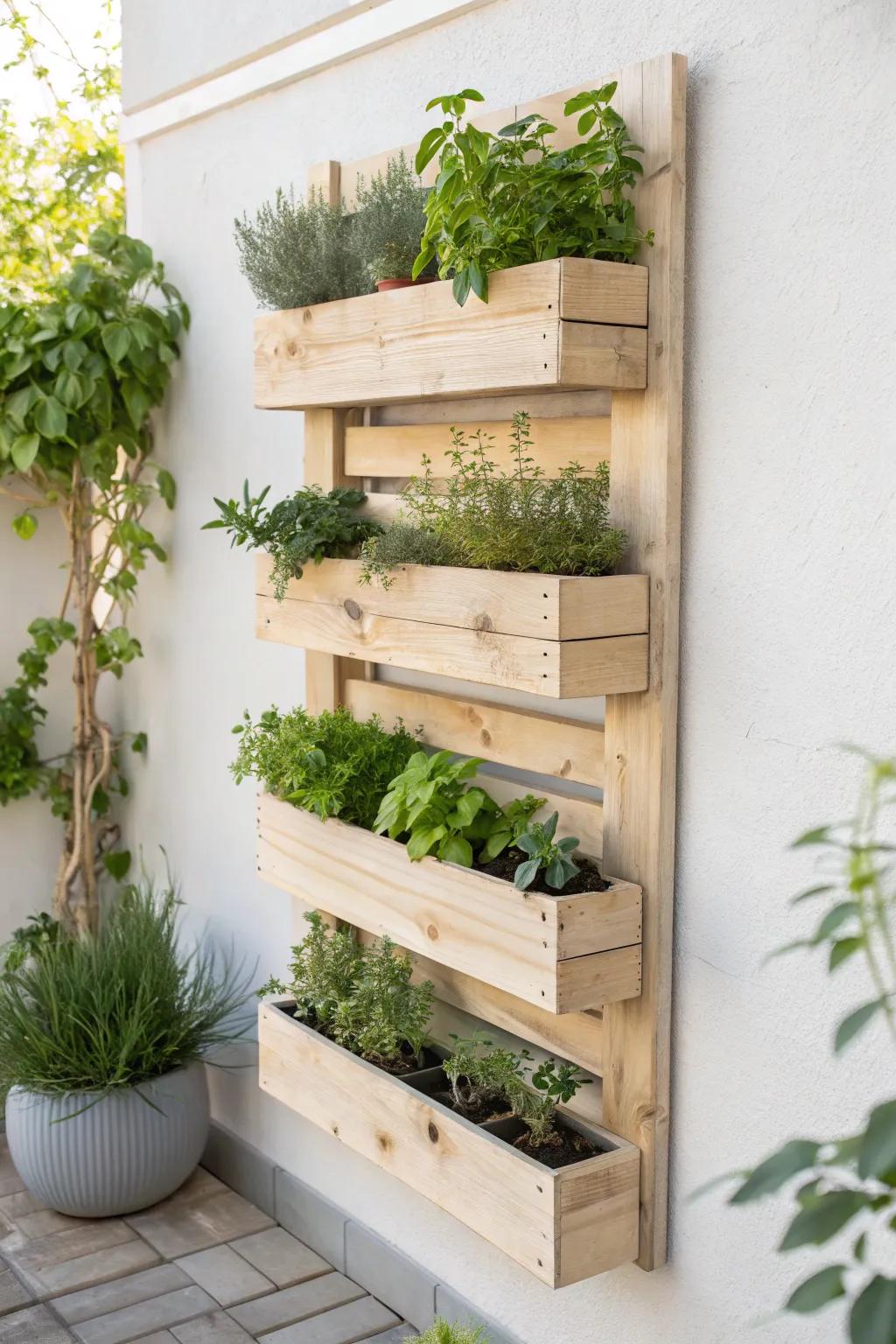 DIY vertical herb garden wall: clean Scandinavian wood slats with fresh herbs, simple and beautiful.