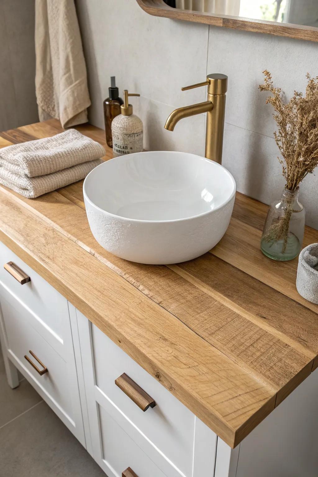 Warm butcher block vanity top with a flawless seal—Scandi minimal style made bathroom-ready.