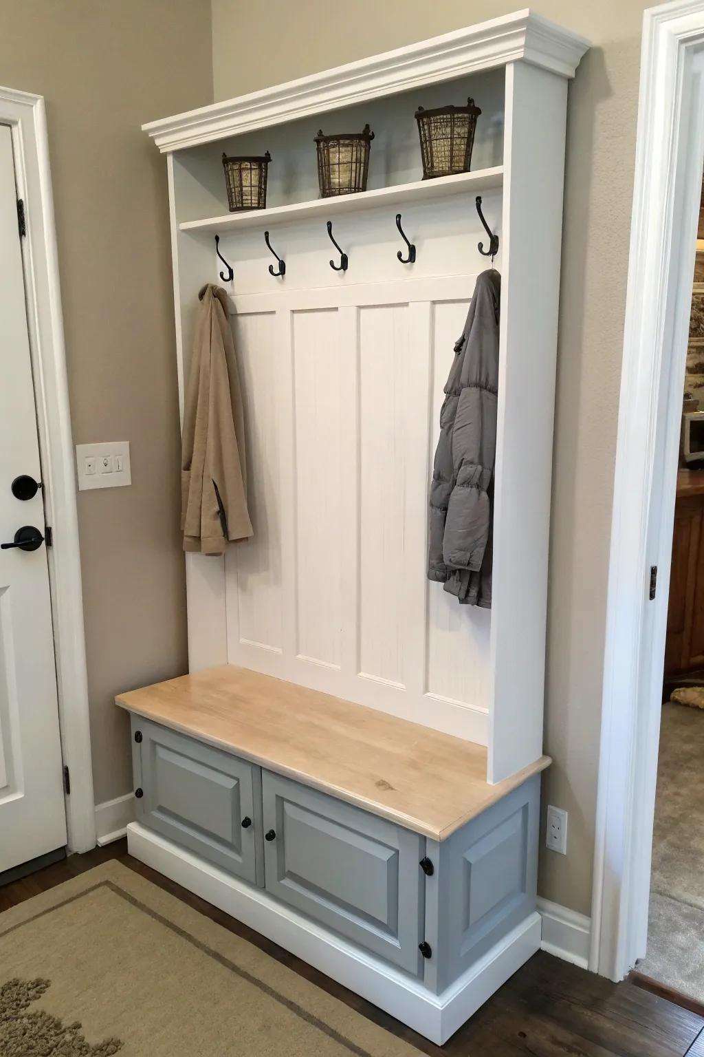 Transform your space with a sophisticated two-tone hall tree crafted from an old door. #DIYDesign #HomeInspiration