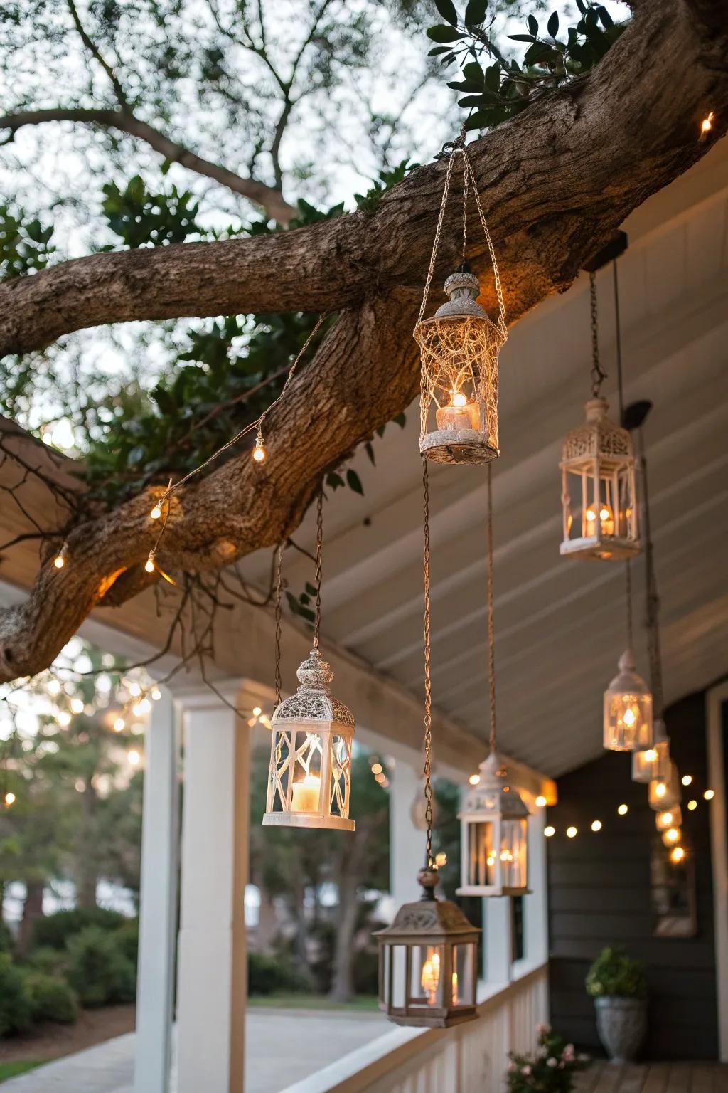 Illuminate your evenings with this enchanting tree branch chandelier, perfect for adding a touch of magic to outdoor gatherings.