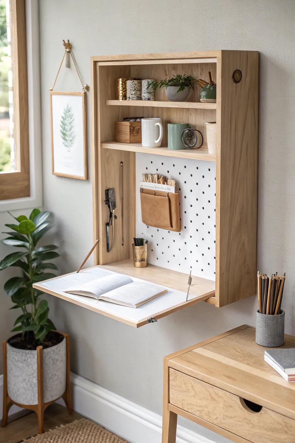 Flip down, hook up—this pegboard Murphy desk hides clutter and keeps craft tools tidy.