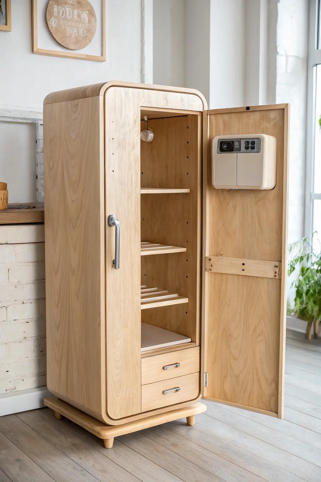 DIY mini play-kitchen fridge: tall door, simple shelves, and a cute little dispenser cutout.