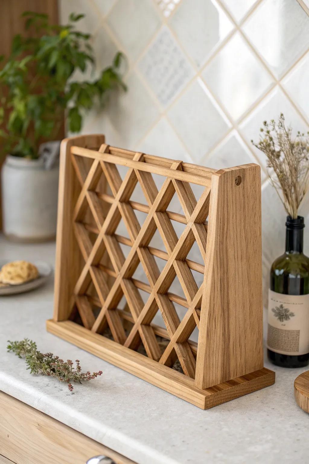 Crisscross lattice spice rack in warm oak—minimal, boho-kissed, and beautifully organized.