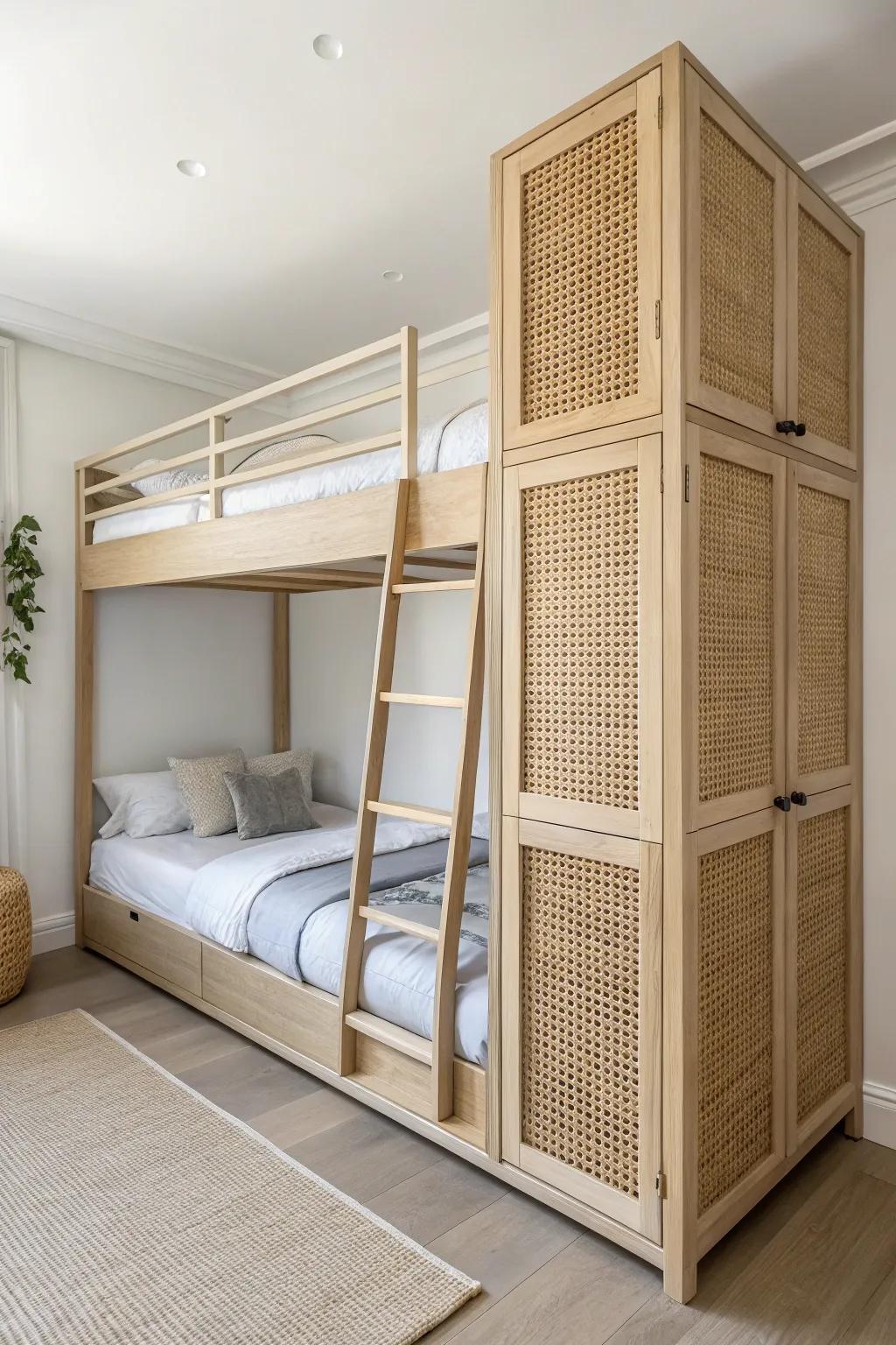 Space-smart double deck bed with closet tower: custom storage, clean lines, cozy boho calm.