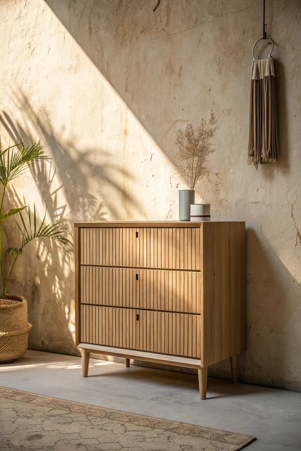 Vertical slat drawer fronts add crisp shadow lines—making any dresser feel taller and lighter.