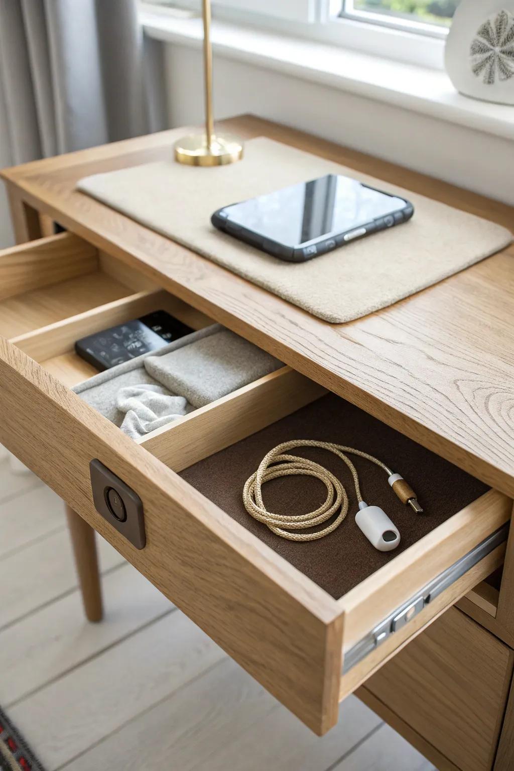 Hide cord clutter with a sleek charging drawer—cables routed cleanly through the back.