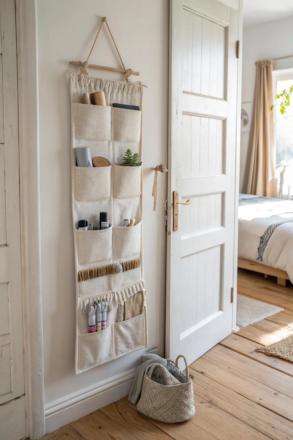 Turn any door into a vertical dresser—pockets keep socks, belts, and accessories in view.