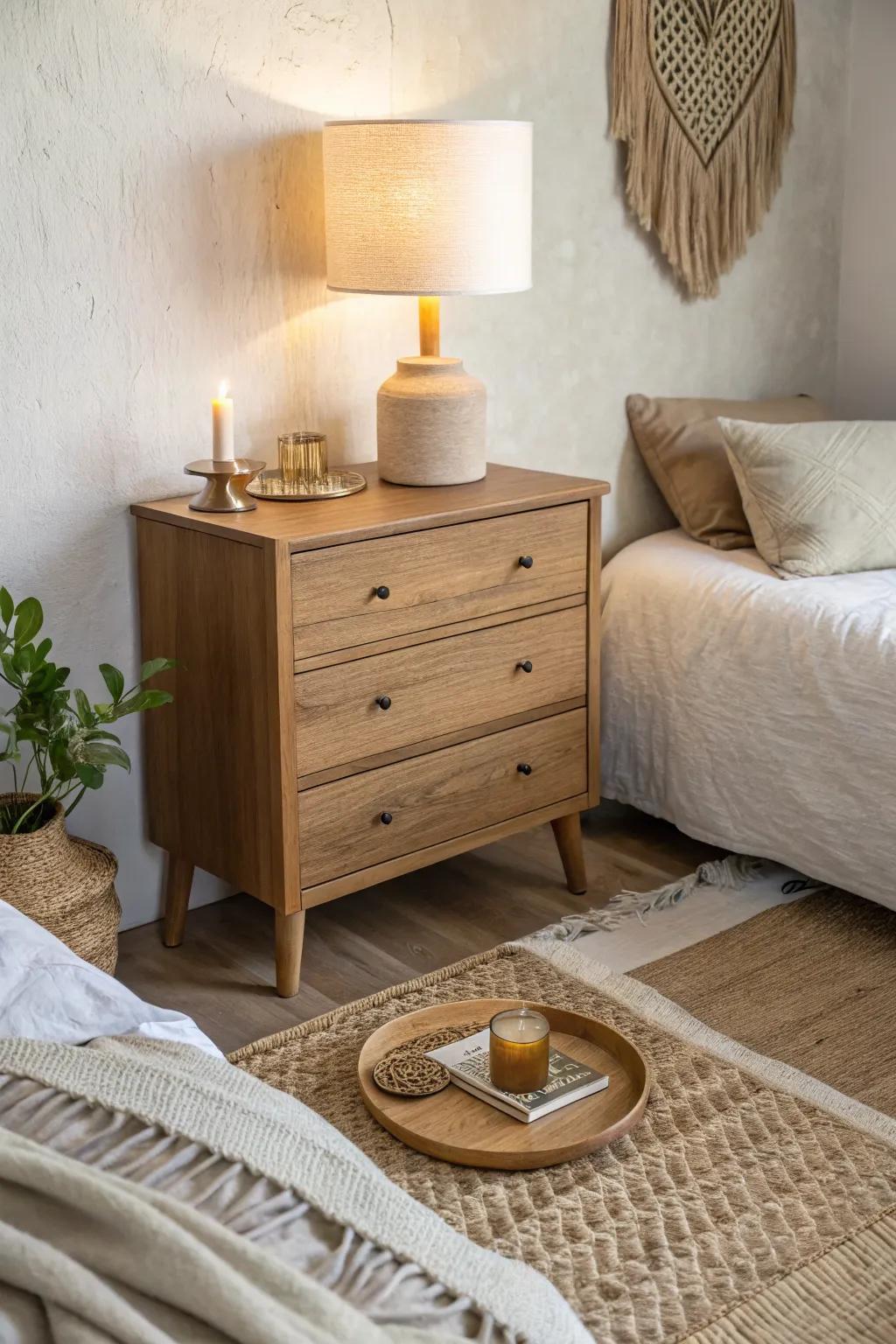 Oversized lamp + simple tray styling makes a dresser nightstand feel calm and curated.