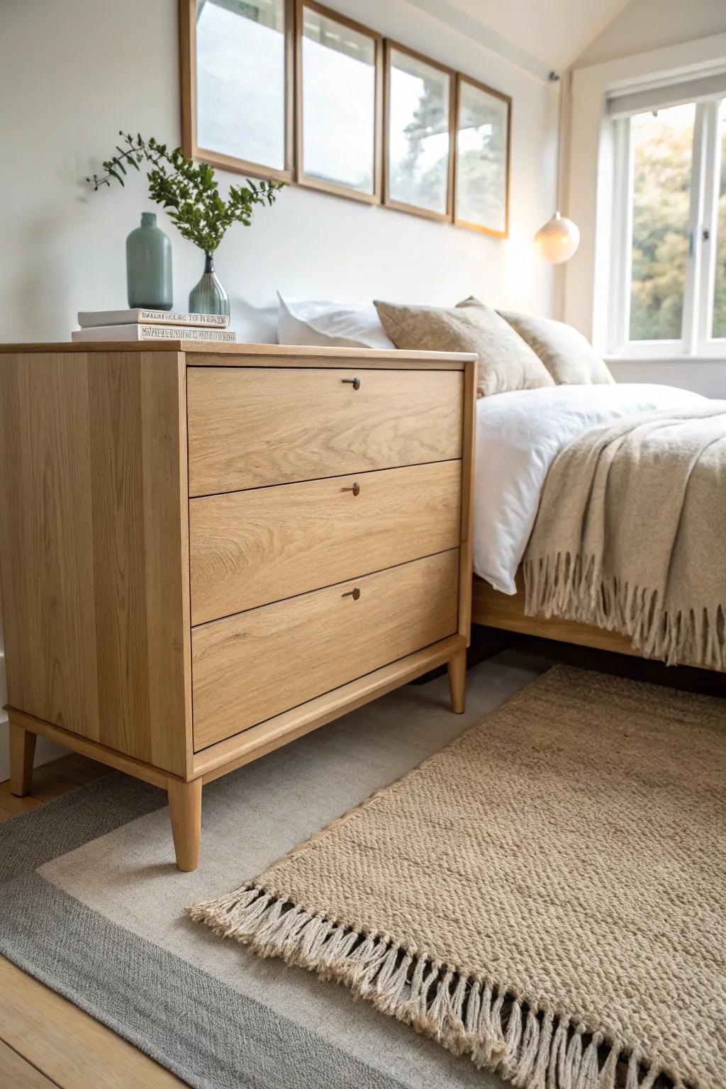 Anchor the foot-of-bed dresser by setting its front feet right on the rug edge.
