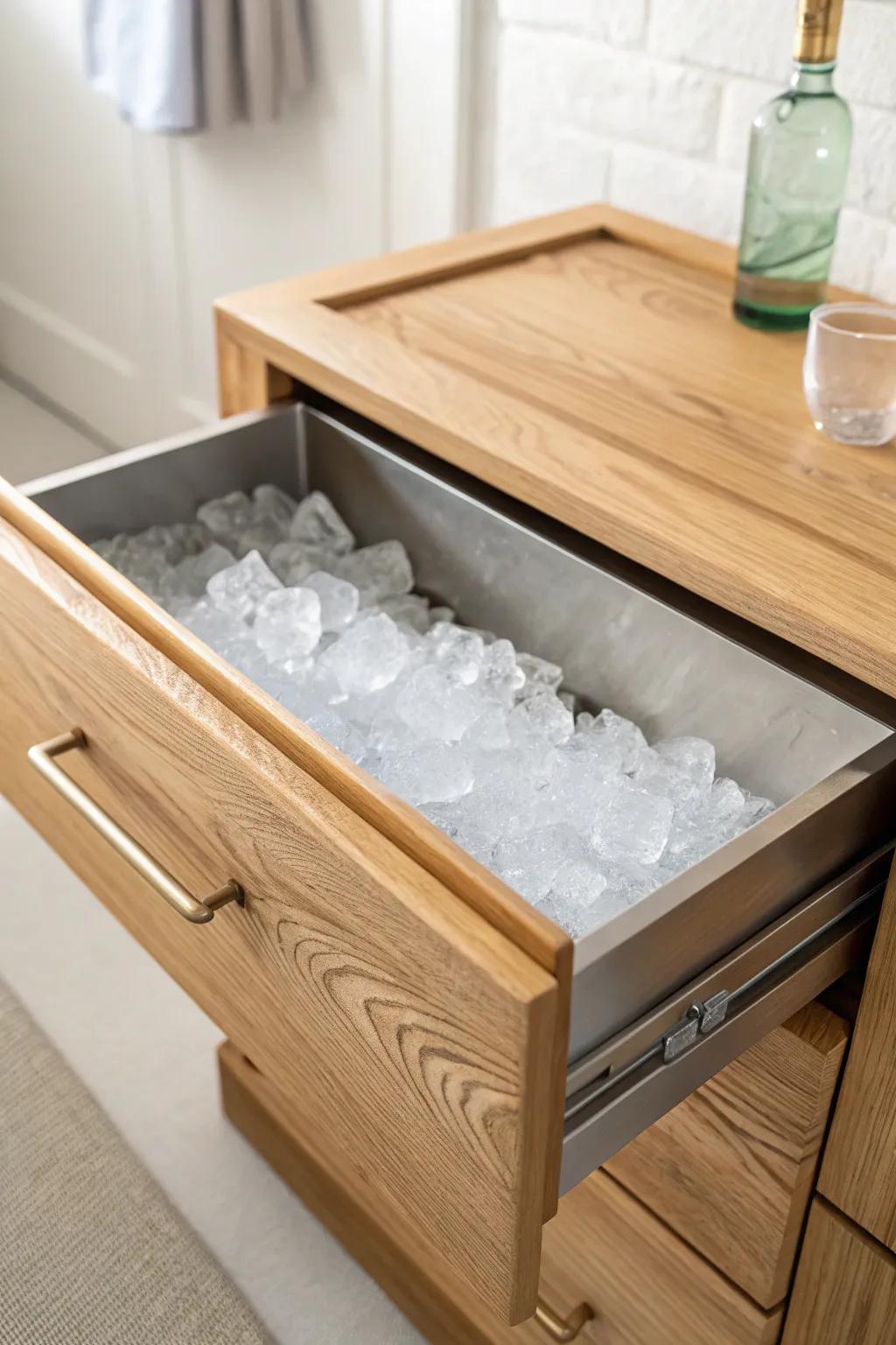 A drawer turned ice bin—sealed oak cradle with a sleek metal liner for effortless hosting.