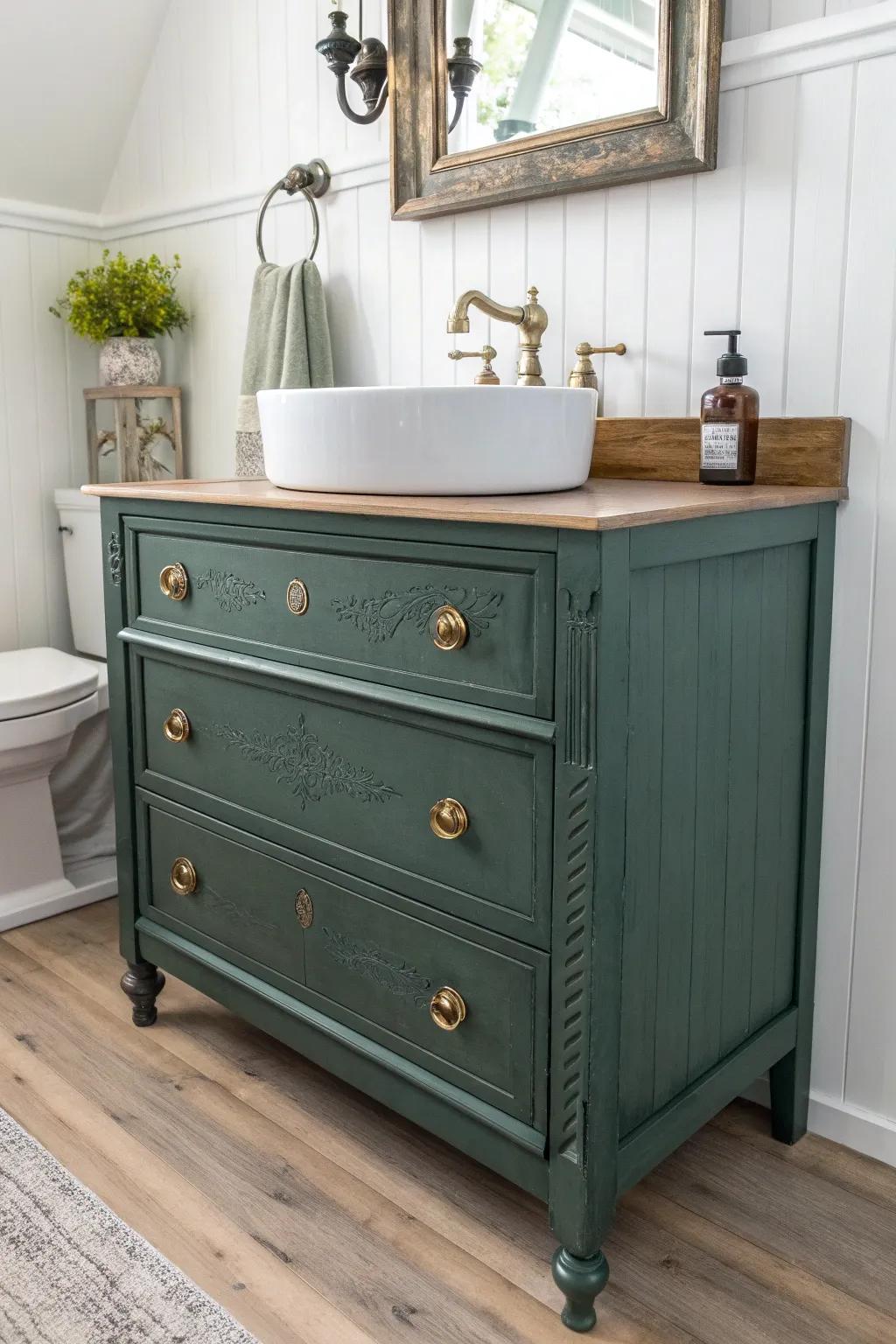 Moody painted dresser vanity with antique glaze—old-world charm that pops against bright walls.