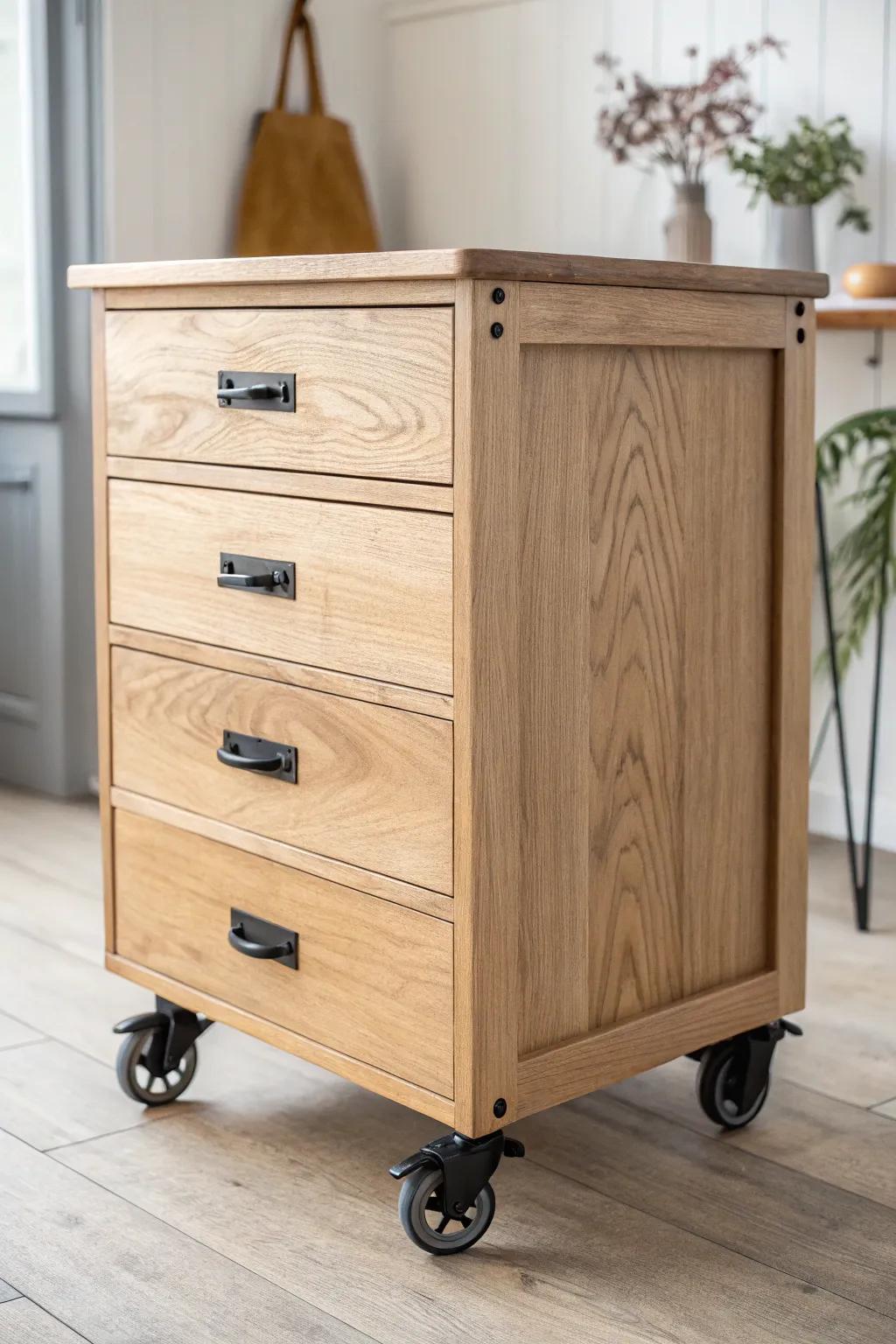 A rolling dresser buffet cart on locking casters—stylish, practical, and ready for hosting.