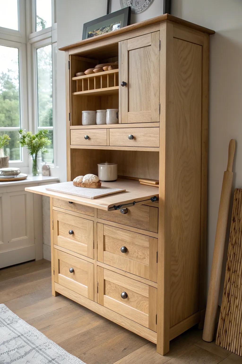 A kitchen dresser turned baking station—pull-out board, hidden storage, and clean Nordic calm.