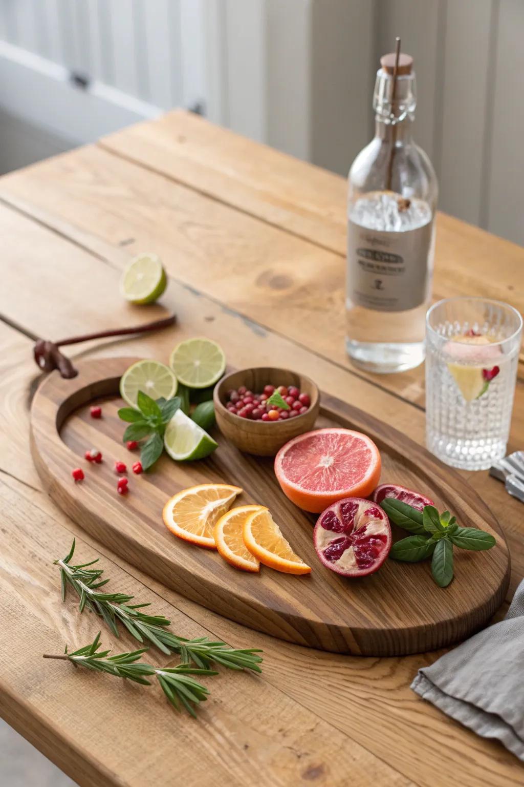 Mocktail mixer board with citrus, herbs, and rim sugars—crafted wood meets fresh color.
