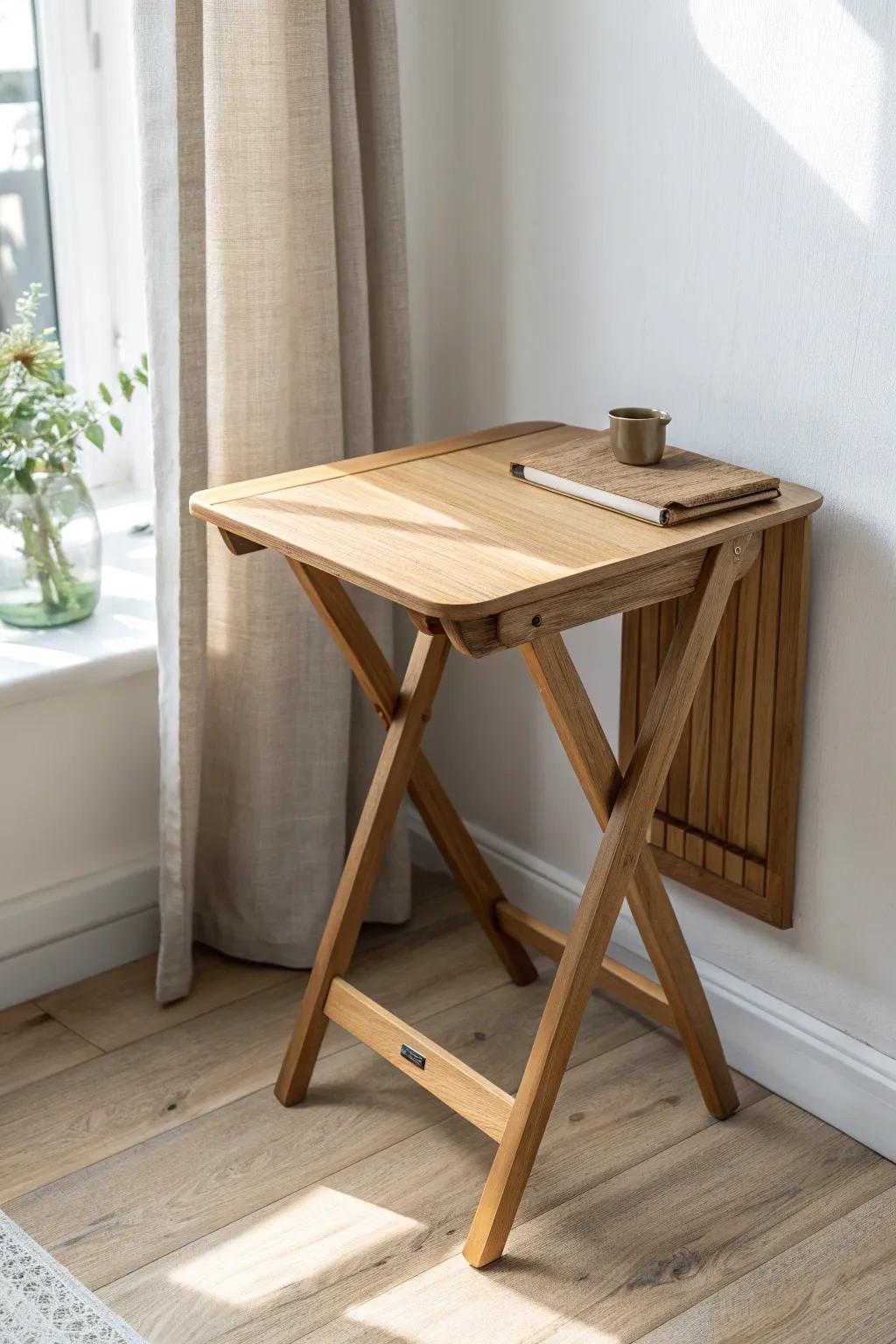 Fold-flat oak drink table: minimalist, hinge-built, and easy to stash behind a door.
